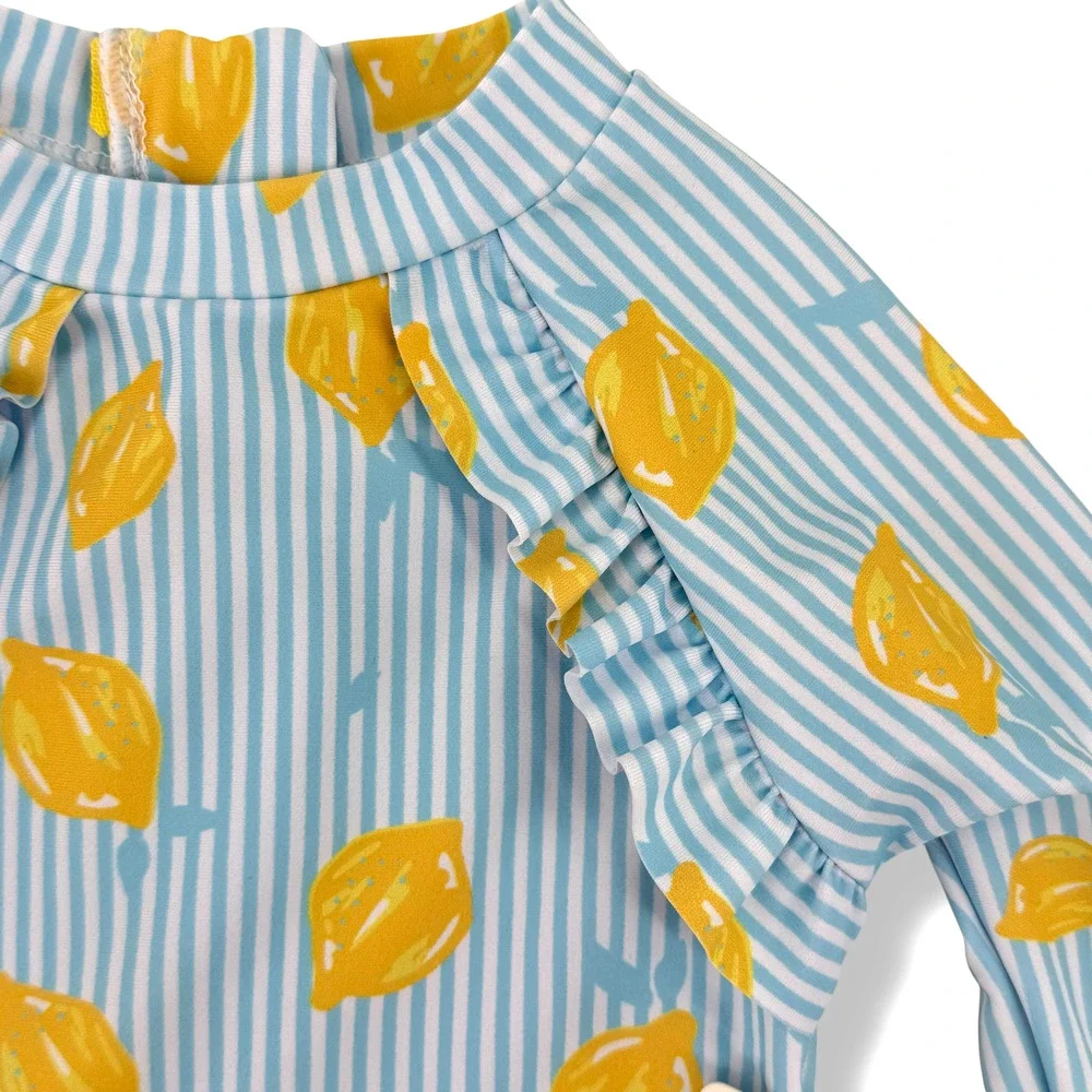 Fresh Lemon Stripe Ruffle Long Sleeve Rashguard Swim Suit Baby Girl Sz 12 Mos